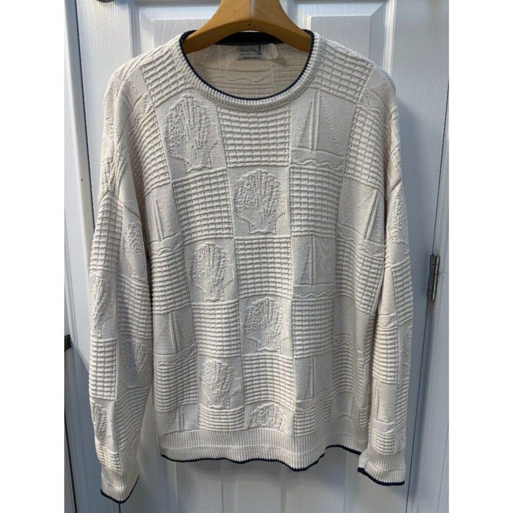 Vintage Crown Point Cotton Nautical Sweater U.S.A Sailboats Seashells Cream XXL